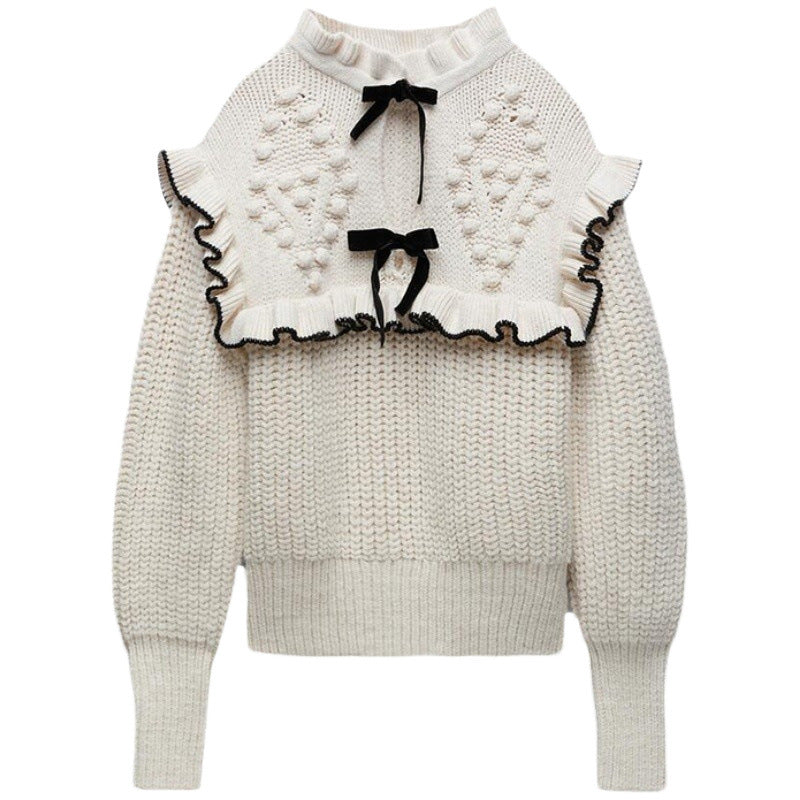 Damen Strickpullover mit Rüschenkragen und dekorativen Schleifen Drune