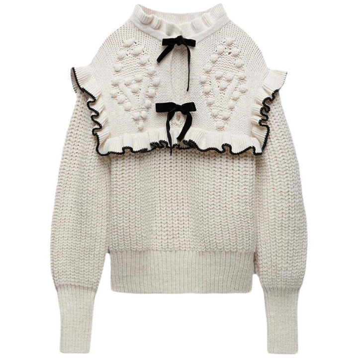 Damen Strickpullover mit Rüschenkragen und dekorativen Schleifen Drune