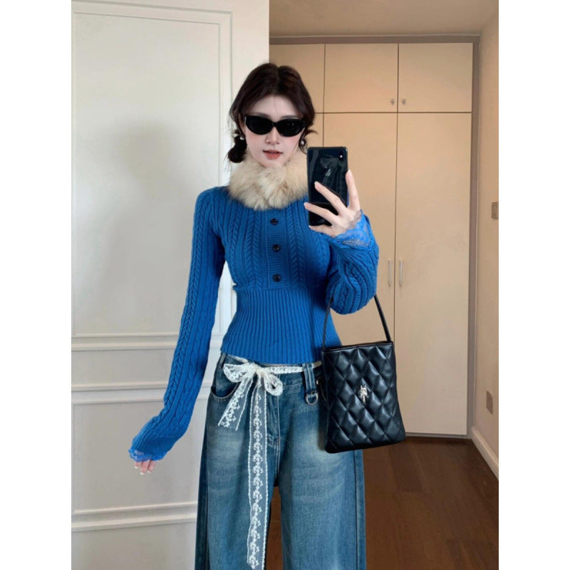Damen Strickpullover mit raffiniertem Zopfmuster und romantischen Spitzenärmeln Drune