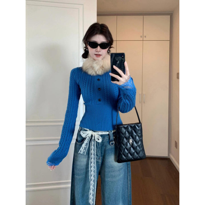Damen Strickpullover mit raffiniertem Zopfmuster und romantischen Spitzenärmeln Drune
