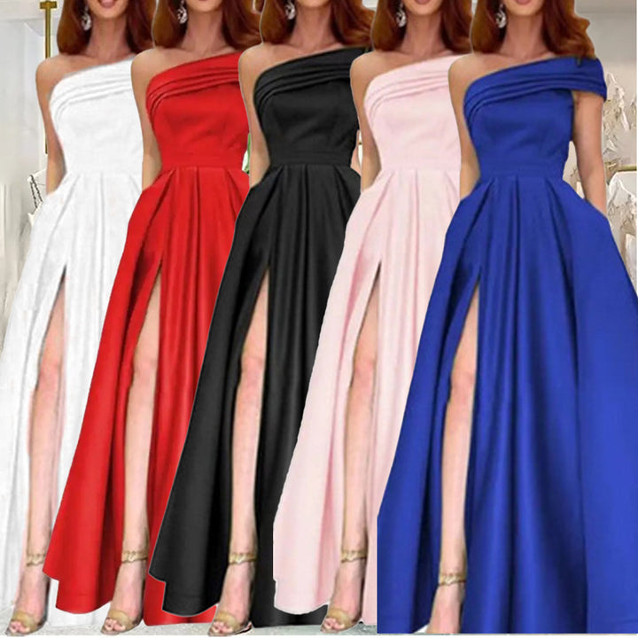 Damen Elegantes Maxikleid mit asymmetrischem Ausschnitt und hohem Beinschlitz Drune