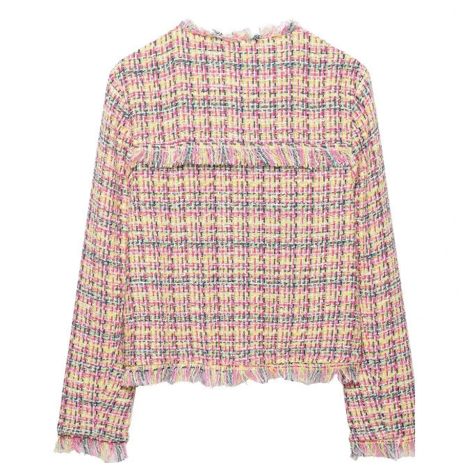 Damen Cropped Bouclé‑Tweed‑Blazer im Chanelstil mit Fransenabschlüssen Drune