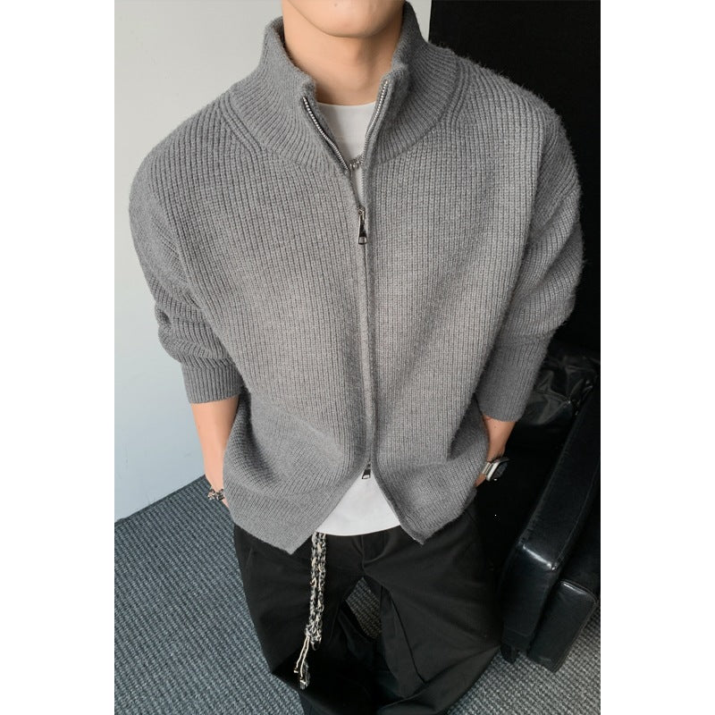 Herren Grobstrick-Zip-Jacke mit Stehkragen und geradem Oversize-Schnitt Drune