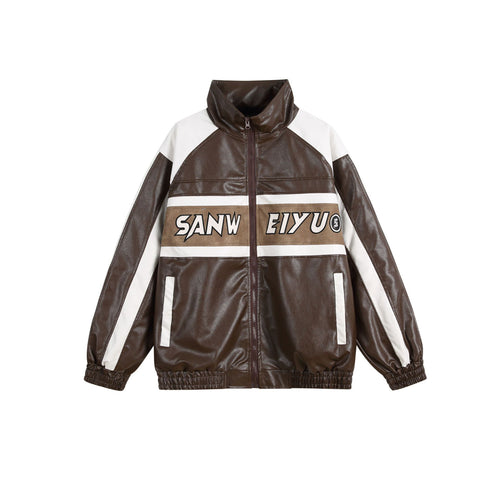 Damen Kunstleder-Trackjacke im Oversize-Cut mit hohem Stehkragen und Logopanel Drune