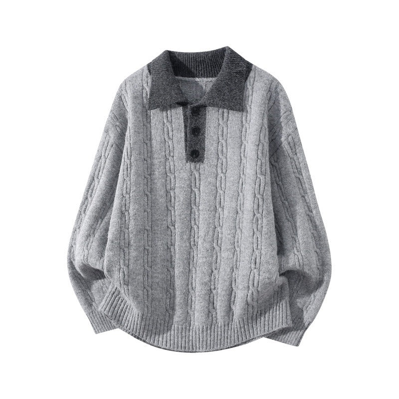Herren Oversize Zopfmuster-Polo-Strickpullover mit Kontrastkragen und Dreiknopfleiste Drune