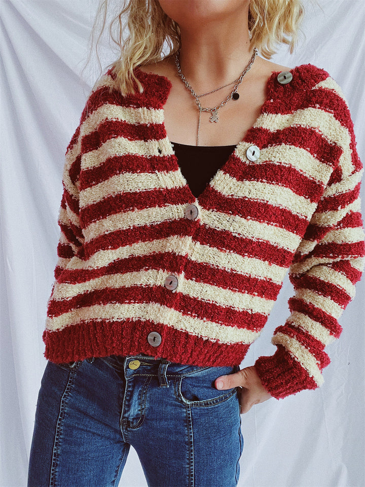 Damen kuschelige Strickjacke mit modernen Streifen und Knopfdetails Drune