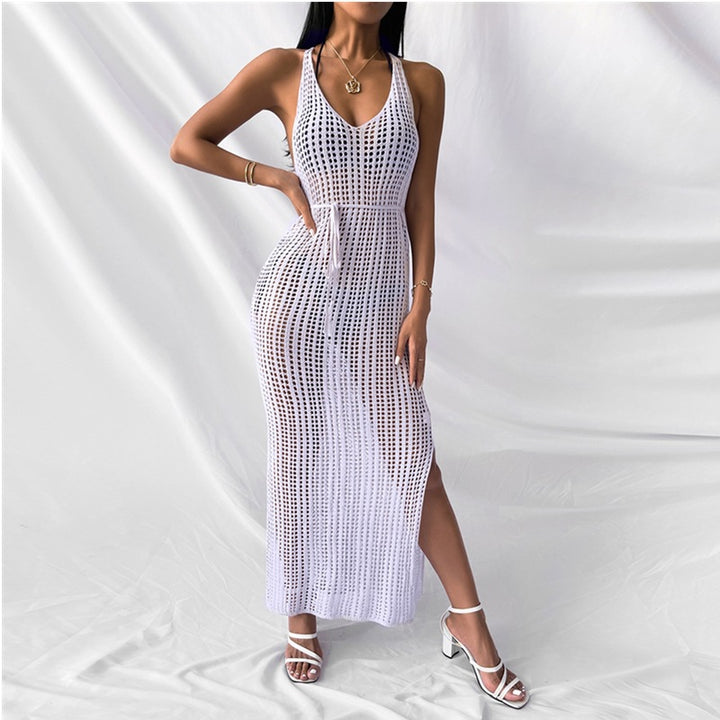 Damen gehäkeltes Maxikleid mit tiefem V-Ausschnitt und seitlichem Schlitz Drune