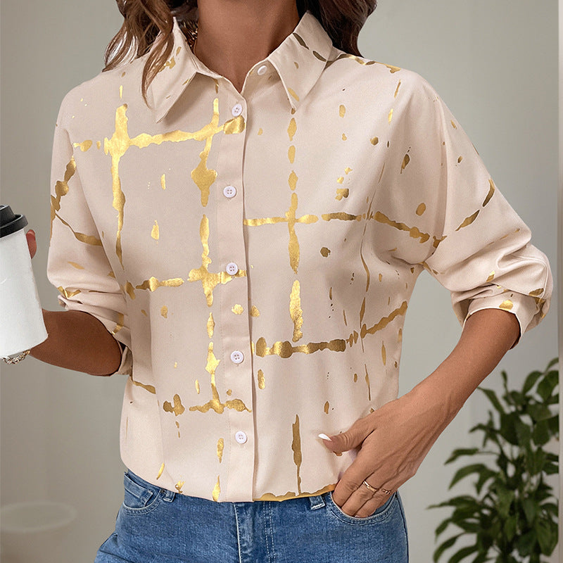 Damen Elegante Langarm-Bluse mit Gold-Folienprint, Hemdkragen und lockerem Schnitt Drune