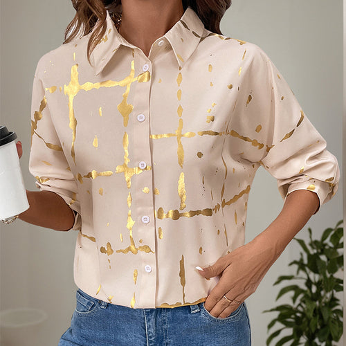 Damen Elegante Langarm-Bluse mit Gold-Folienprint, Hemdkragen und lockerem Schnitt Drune