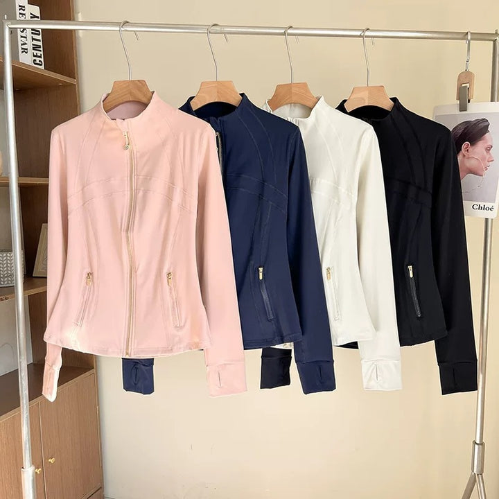 Damen elegante Sportjacke mit hohem Kragen und innovativem Reißverschluss Drune