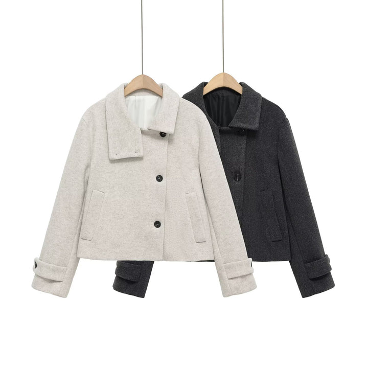 Damen Kurze Wollmischjacke mit Umschlagkragen, Kastenform und verstellbaren Manschetten Drune