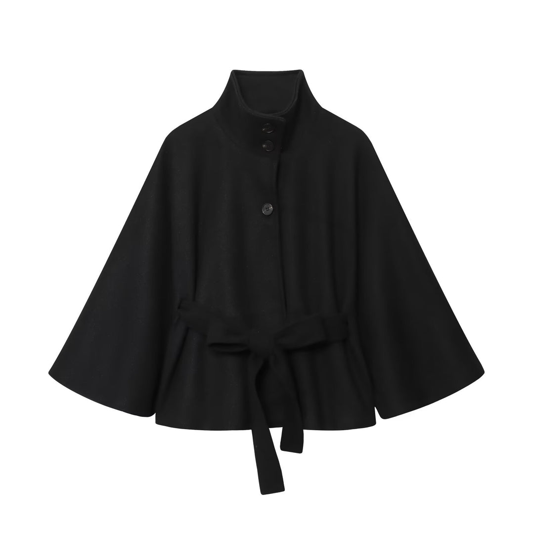 Damen Kurzes Wollcape mit Stehkragen, Bindegürtel und A‑Linien‑Silhouette Drune