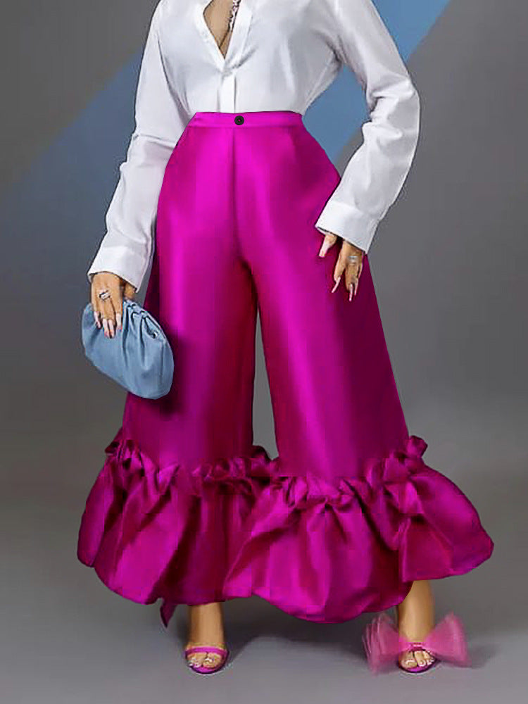 Damen Weite Satinhose mit Rüschenabschluss Drune