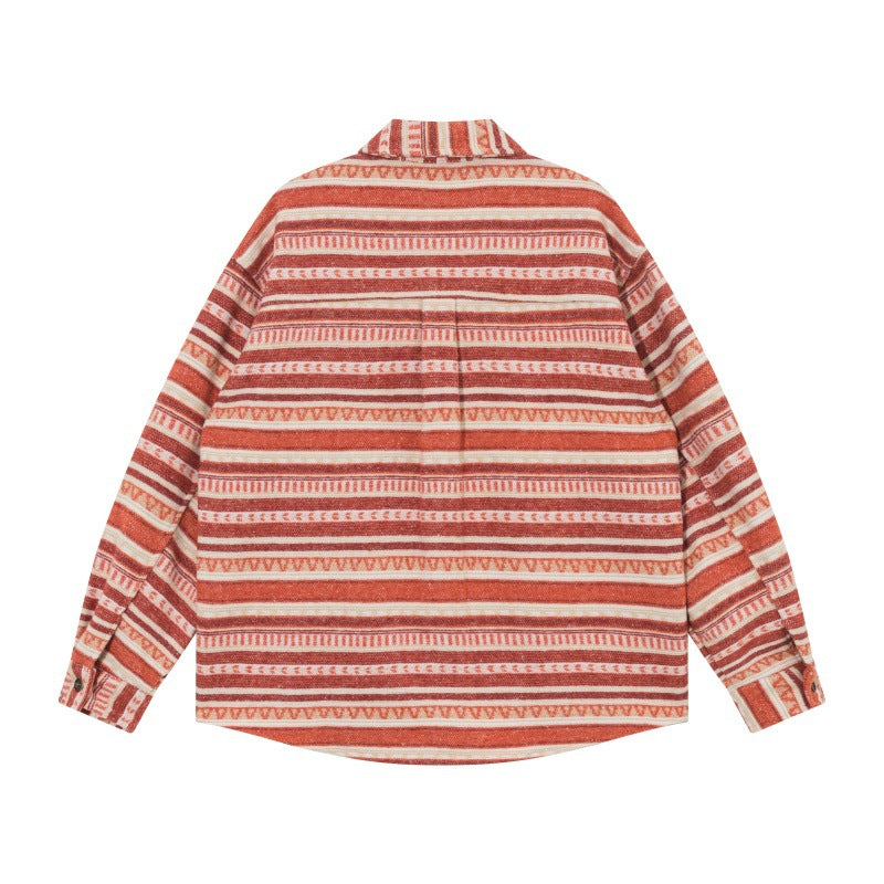 Unisex Oversize-Strickshirtjacke im Ethno‑Streifenmuster mit Pattentaschen Drune