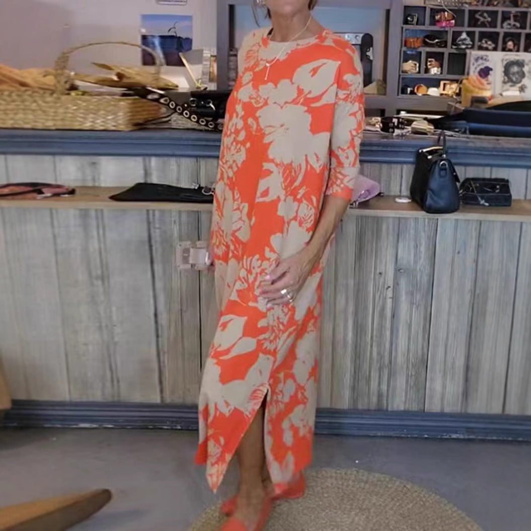 Damen nan fließendes A-Linien-Maxikleid mit Dreiviertelärmeln Rundhalsausschnitt Seitenschlitz und Eingrifftaschen Drune