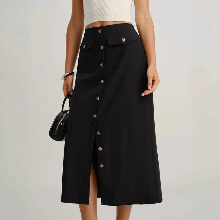 Damen Eleganter Midirock mit Knopfleiste und Taschen Drune