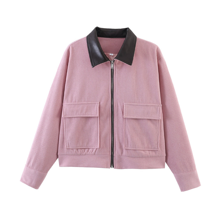 Damen Cordjacke mit Reißverschluss, Kunstlederkragen und aufgesetzten Taschen Drune