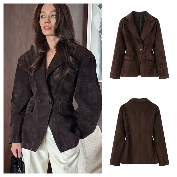 Damen modische Double-Breasted Blazerjacke im eleganten Wildleder-Look Drune