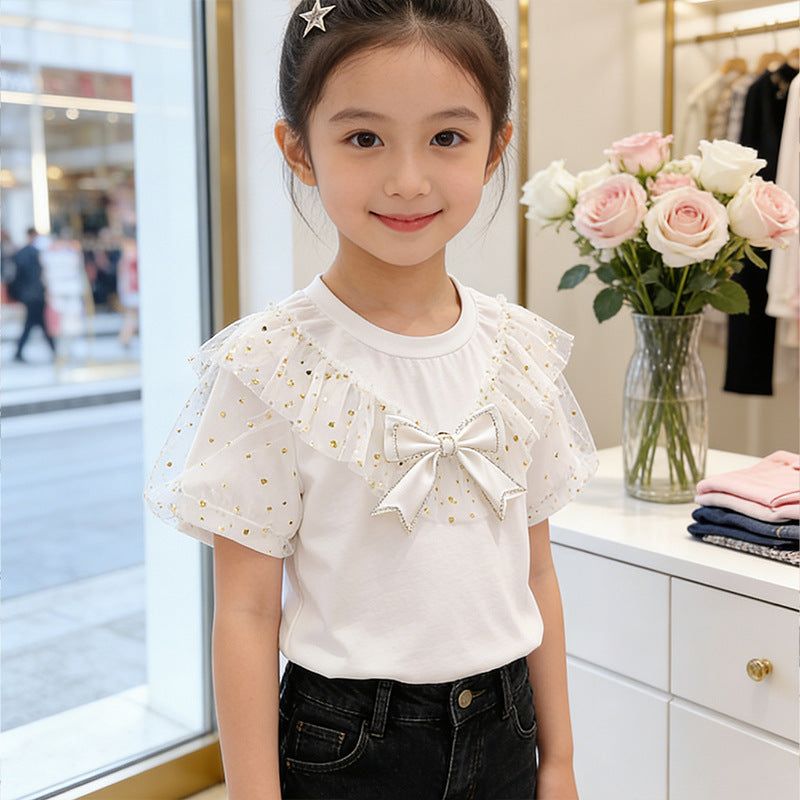 Mädchen T-Shirt mit Rüschendetails und transparenten Puffärmeln Drune