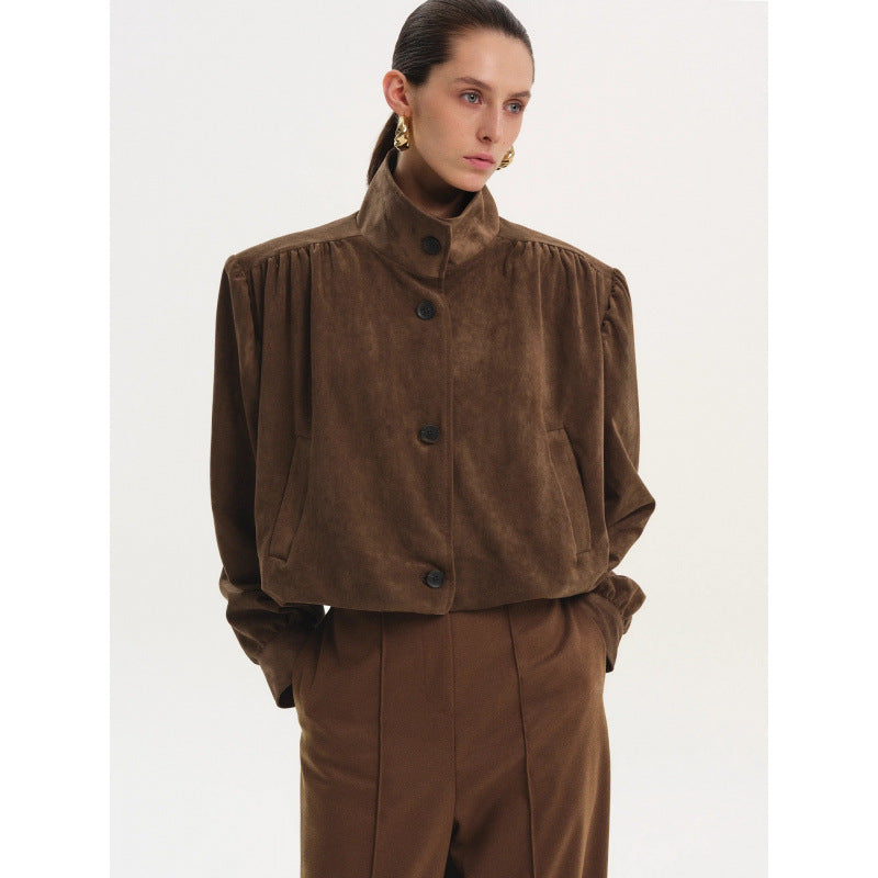 Damen elegante Jacke mit strukturierten Puffärmeln und Knopfdetail Drune