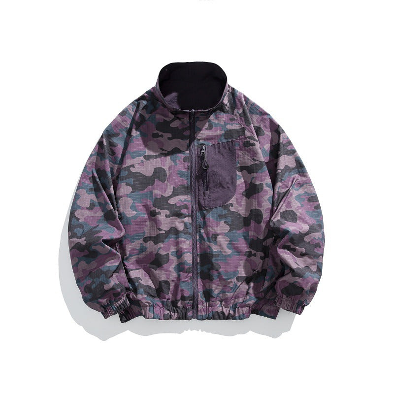 Unisex Leichter Camo‑Windbreaker mit hohem Stehkragen, Brustreißverschluss und elastischem Saum Drune