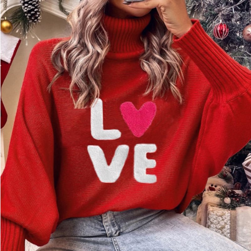 Damen Oversized Rollkragenpullover mit festlichem Schriftzug Drune