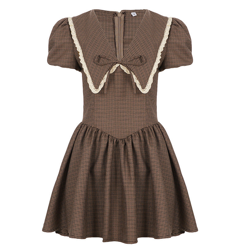 Damen Vintage-Kleid mit Puffärmeln und Spitzenkragen Drune