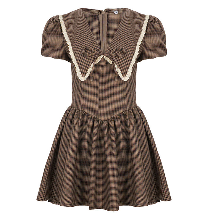 Damen Vintage-Kleid mit Puffärmeln und Spitzenkragen Drune