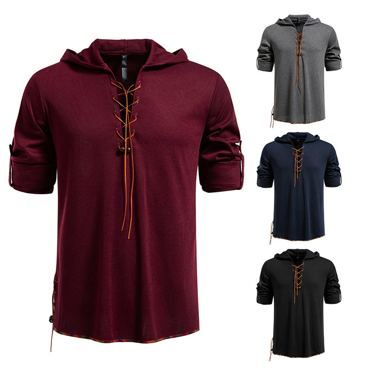 Herren Leichtes Kapuzen-Langarmshirt mit Schnürfront und aufrollbaren Dreiviertel-Ärmeln Drune