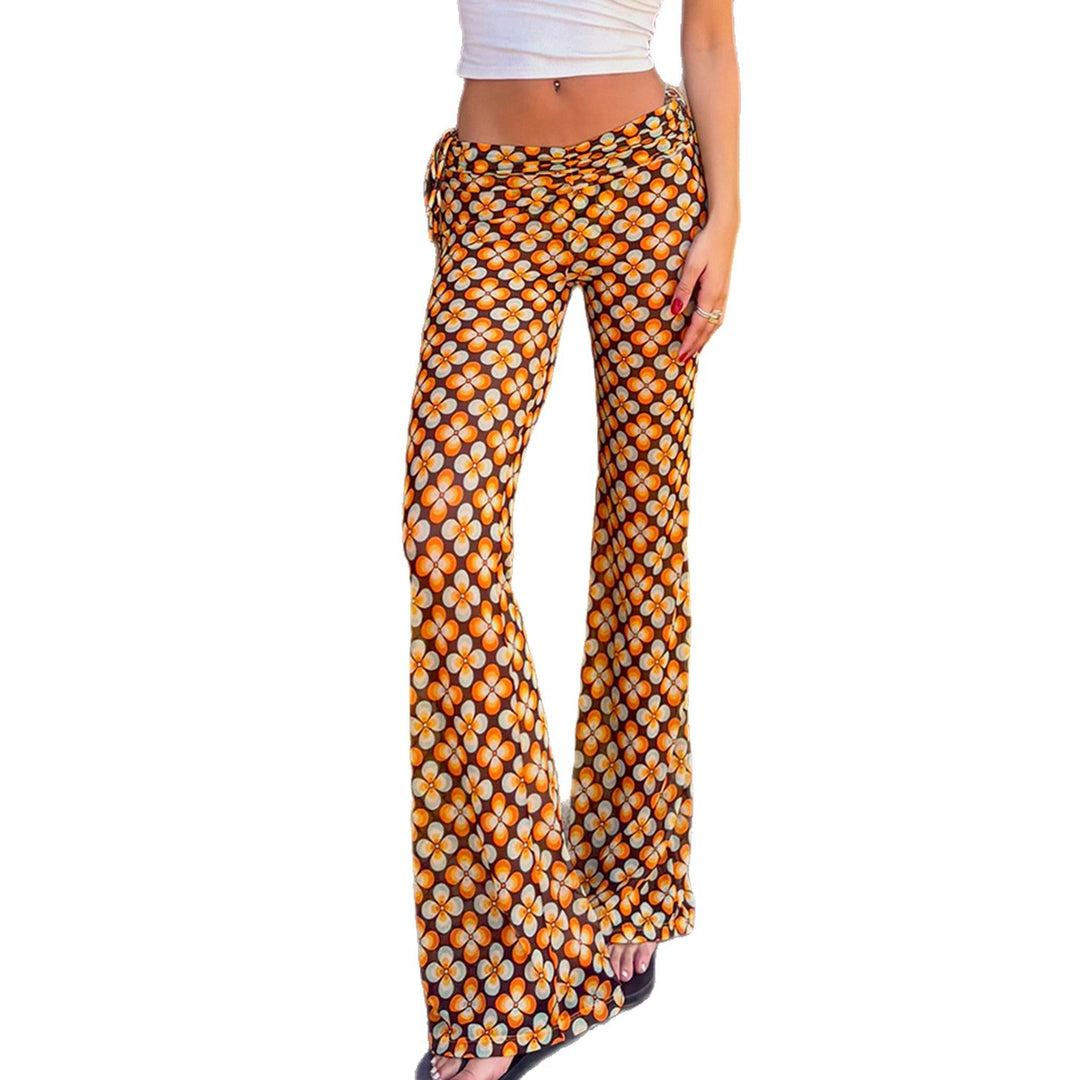 Damen Schlaghose mit Retro-Blumenprint und verstellbarem Tunnelzugbund Drune