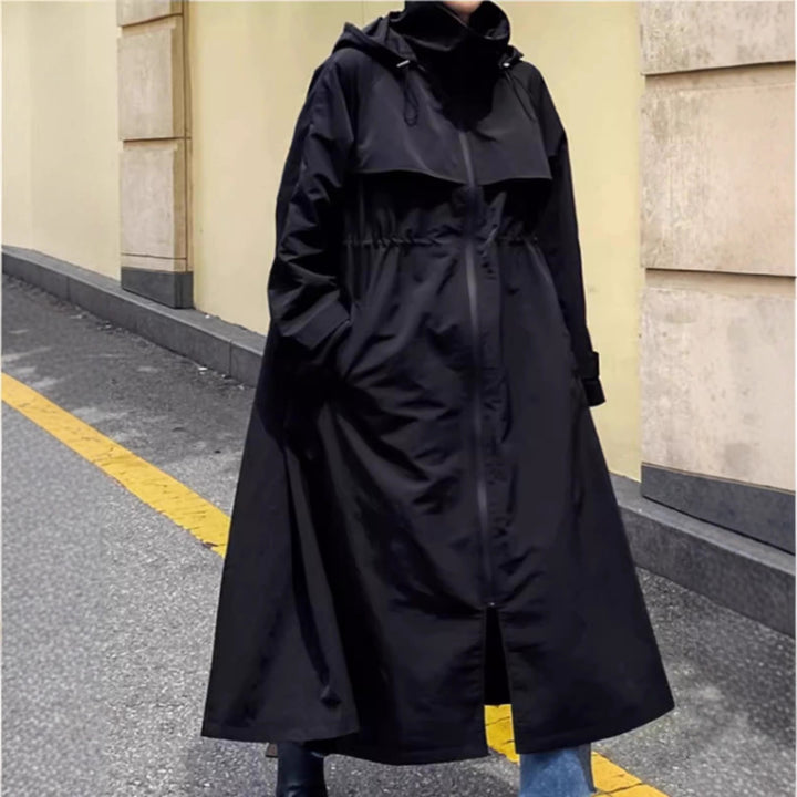 Damen Oversize-Longregenmantel mit Kapuze, wasserabweisendem GewDrunee und weitem A-Linien-Schnitt Drune