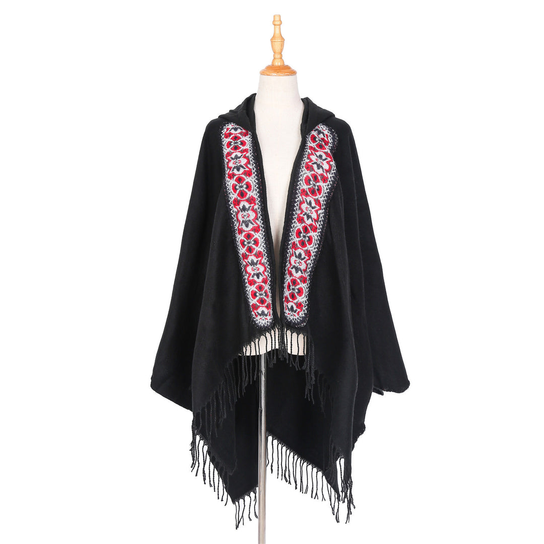 Damen Kapuzenponcho aus Wollmix mit kontrastreicher Blumenstickerei und Fransensaum Drune