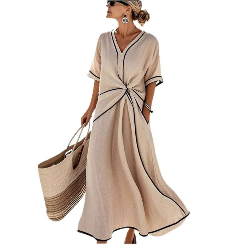 Damen Maxikleid mit V-Ausschnitt, seitlichem Knoten und Kontrastpaspeln Drune