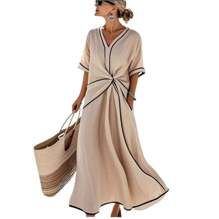 Damen Maxikleid mit V-Ausschnitt, seitlichem Knoten und Kontrastpaspeln Drune