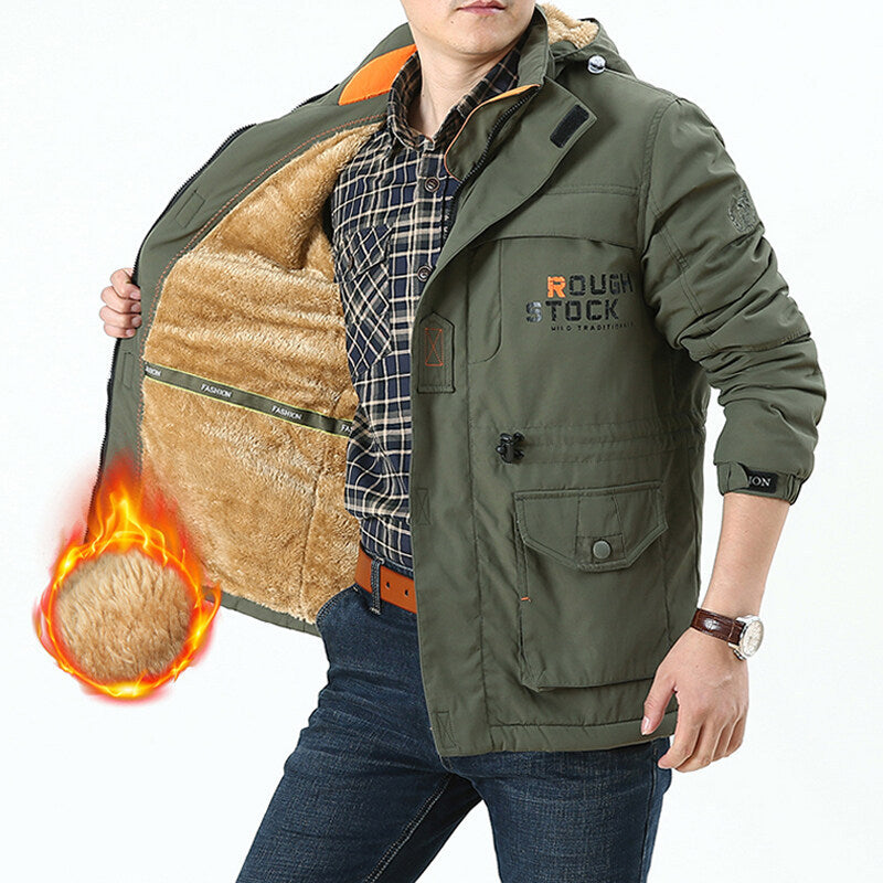 Herren nan thermisch gefütterter Utility-Parka mit weichem Teddyinnenfutter, Kapuze und multifunktionalen Taschen Drune
