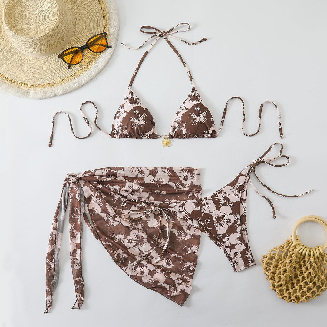 Damen Triangel-Bikini-Set mit Wickelrock und floralem Design Drune