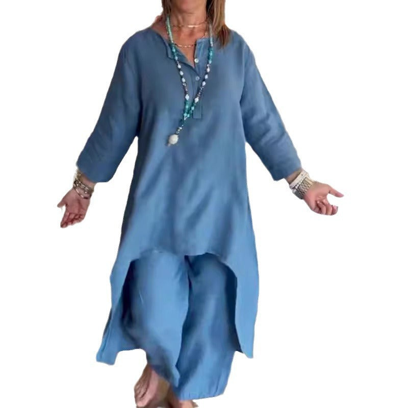 Damen Midilanges Leinen-Tunika-Set mit asymmetrischem Saum und weiter Palazzo-Hose Drune