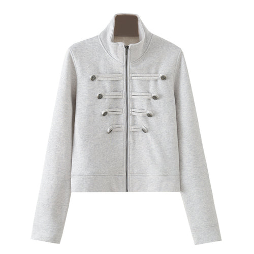 Damen Kurz geschnittene Sweatjacke mit Stehkragen und dekorativen Zierpaspeln Drune