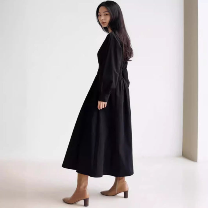 Damen Maxikleid mit Taillenabnähern, Rundhalsausschnitt und voluminösen Manschetten Drune