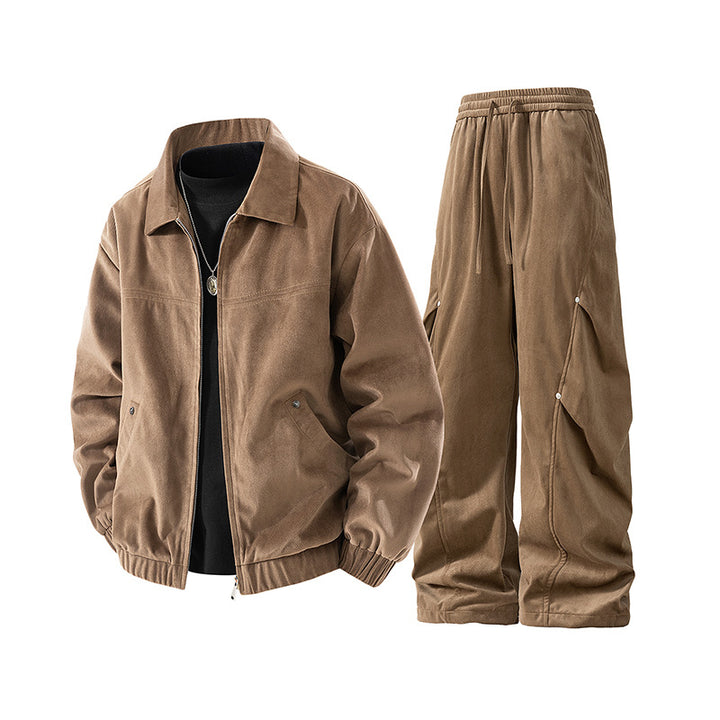 Herren lässiges Cord-Trainingsanzug-Set mit Reißverschlussjacke und weiten Cargohosen Drune