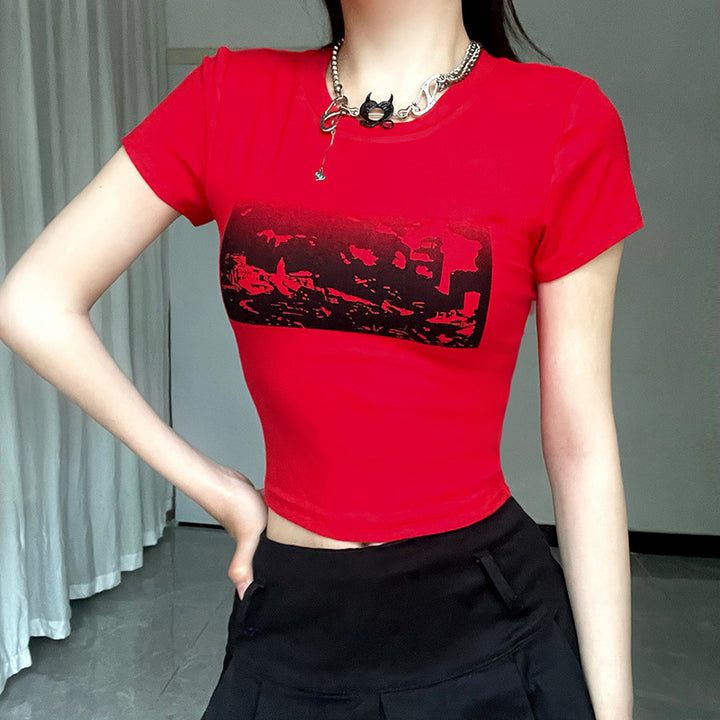 Damen modisches cropped T-Shirt mit grafischem Print Drune
