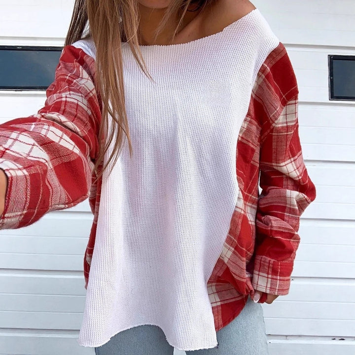 Damen nan Oversize Langarmshirt im Materialmix mit strukturierter Waffelstrick-Front und karierter Ärmelpartie Drune