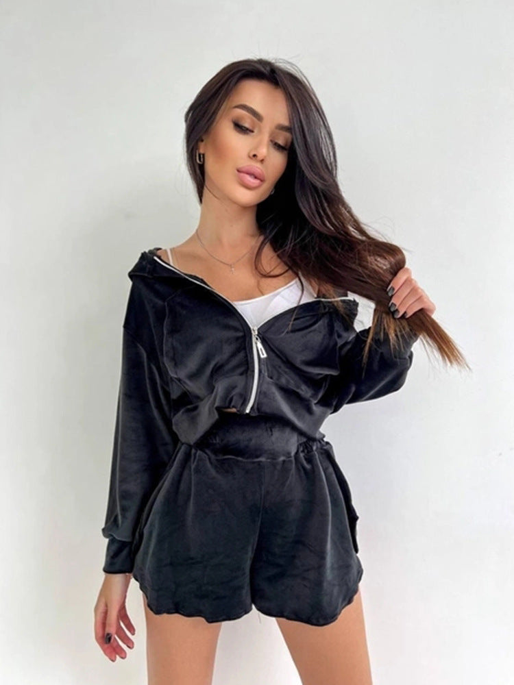 Damen sportliches Zweiteiler-Set mit kurzem Hoodie und bequemen Shorts Drune