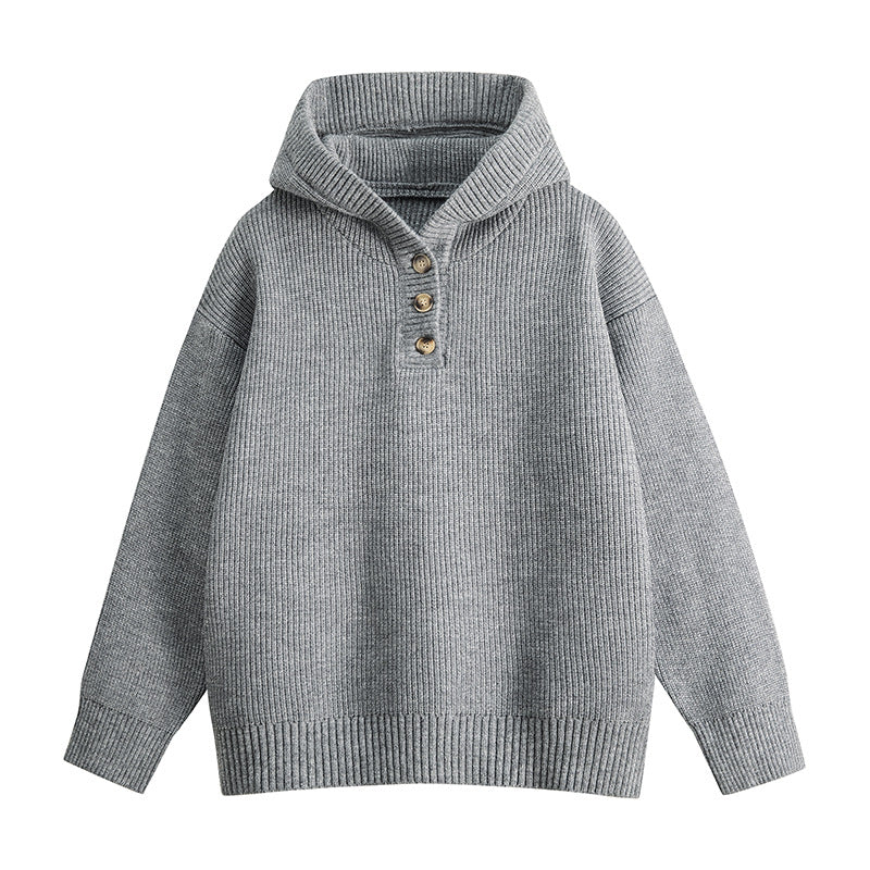 Damen Relaxed Kapuzenpullover aus geripptem Strick mit Halbsteg-Knopfleiste Drune
