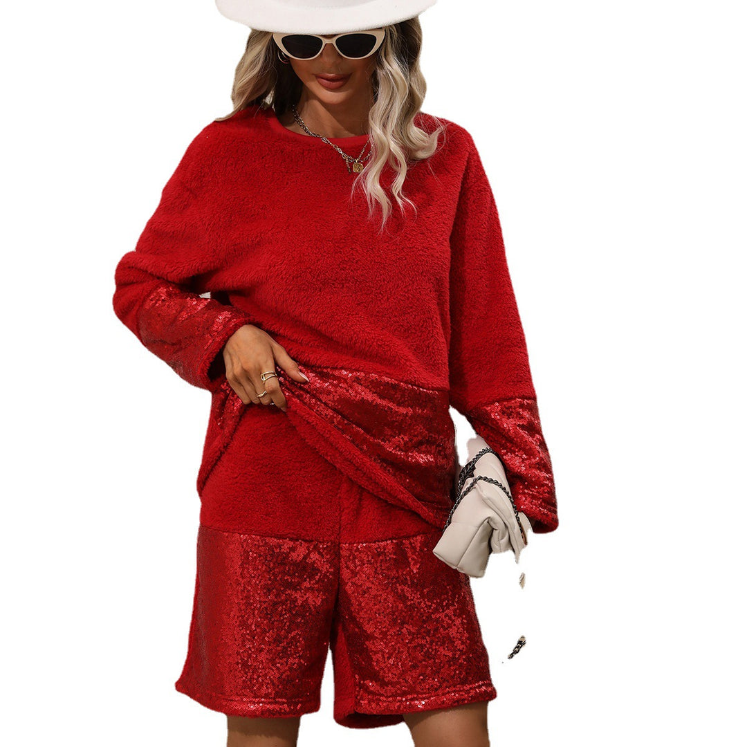 Damen Kuscheliges Fleece-Set mit glänzenden Shorts und weichem Oberteil Drune