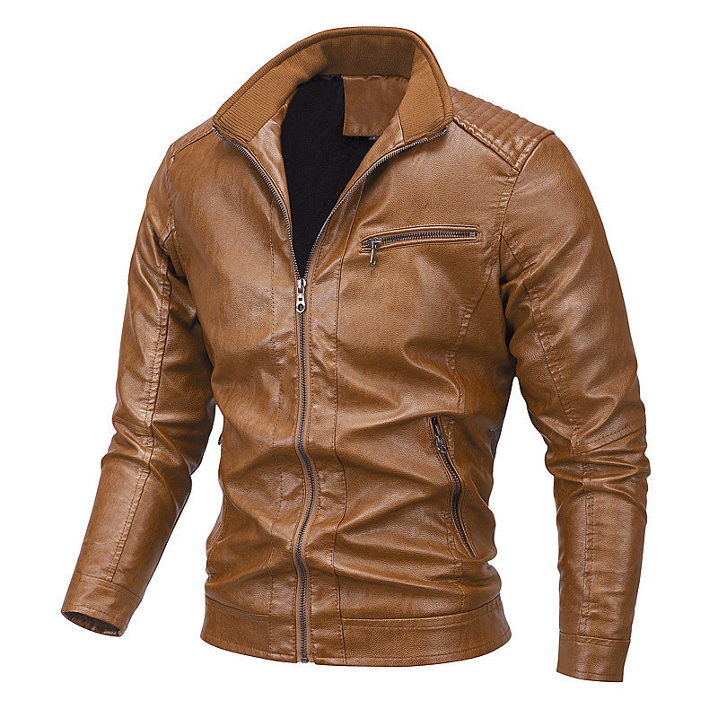 Herren Slim-Fit Kunstlederblouson mit gesteppter Schulterpartie und Stehkragen Drune