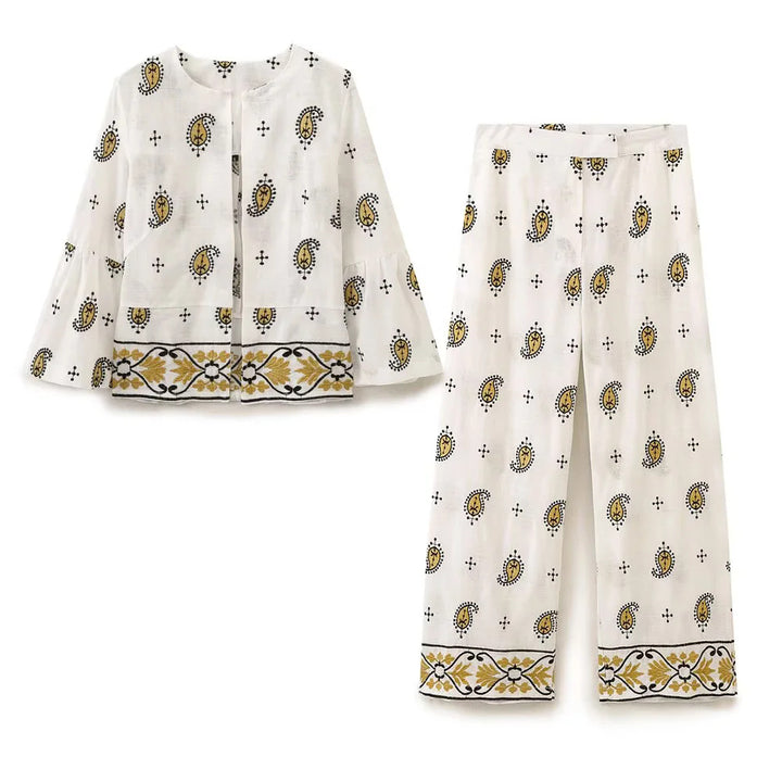 Damen nan weiter Leinenhose mit hohem Bund, Bordürstickerei und folklorem Paisley-Print Drune