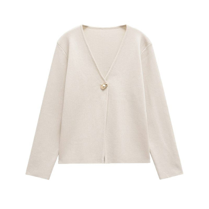 Damen schicke Strickjacke mit elegantem V-Ausschnitt und dekorativem Knopf Drune