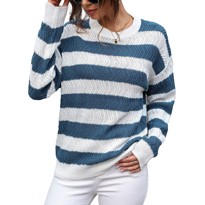 Damen Lässiger Rundhals-Feinstrickpullover mit breiten Streifen und Zickzackstruktur Drune