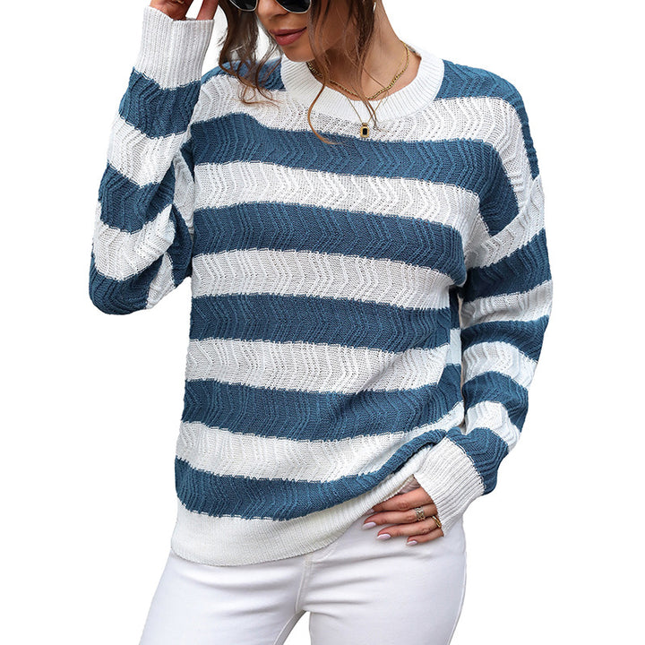 Damen Lässiger Rundhals-Feinstrickpullover mit breiten Streifen und Zickzackstruktur Drune